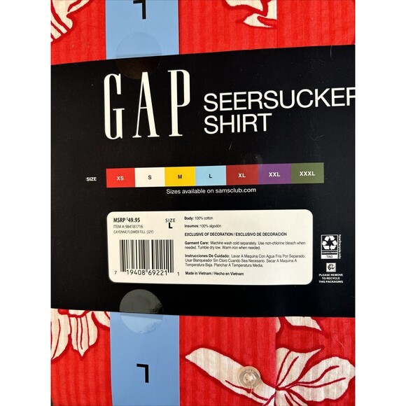 Gap Men Short Sleeve Seersucker Shirt L Cayenne Flower Fill New Red Relaxed - Picture 5 of 12